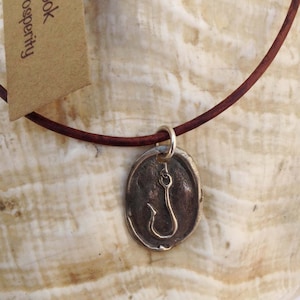 Handmade Sterling Silver Fish Hook Charm Adjustable Leather Bracelet