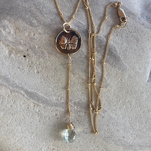 Handmade Gold Filled Butterfly Charm Lariat Delicate Necklace with Aquamarine Drop