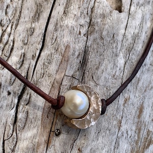Handmade Hammered Bronze Crescent Moon Choker and Pearl on Antique Brown Leather Cord with Pearl Closure