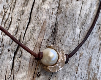 Handmade Hammered Bronze Crescent Moon Choker and Pearl on Antique Brown Leather Cord with Pearl Closure