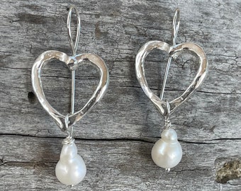 Sterling Silver Heart Earrings with Baroque Pearls