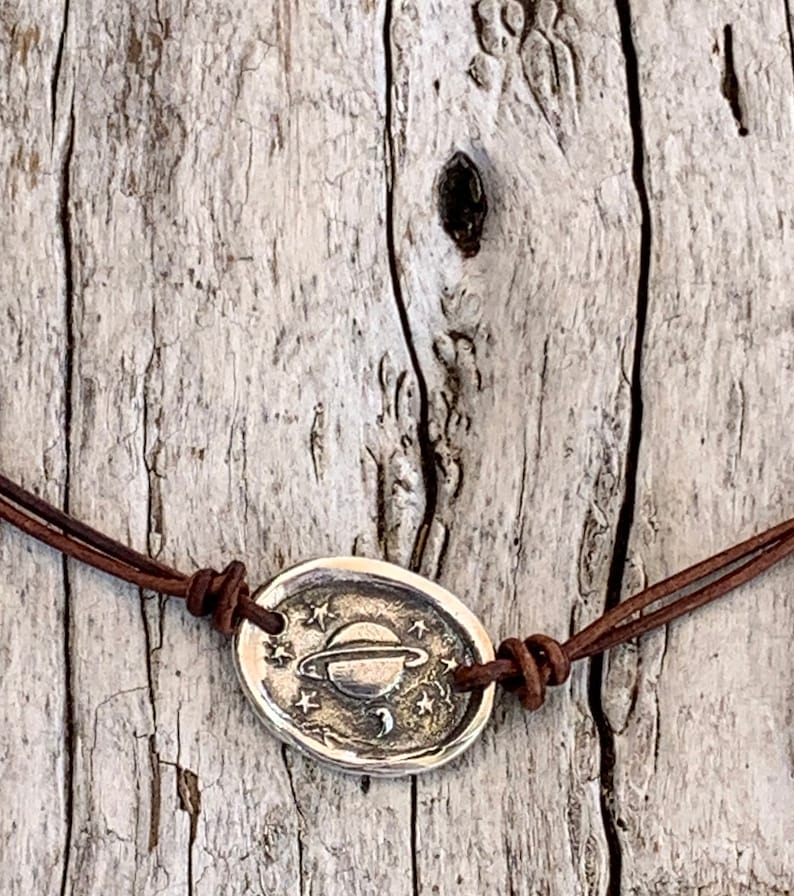 Handmade Organic Sterling Silver Saturn Leather Choker Necklace