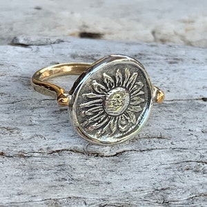 Silver Sunflower Charm Ring with 14K Gold Fill Band
