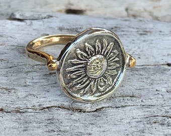 Silver Sunflower Charm Ring with 14K Gold Fill Band