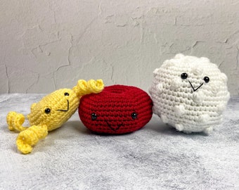 Crochet Blood Cell Plush Trio, Crochet Red Blood Cell, White Blood Cell & Platelet Anatomy Plushie Set