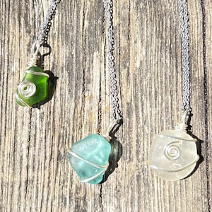 Sea Glass Necklace – Wire Wrapped Beach Glass Pendant – Stainless Steel Chain – Eco Gift for Her or Friend