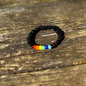 Black Seed Bead Ring: Rainbow Accent, Stacking Jewelry