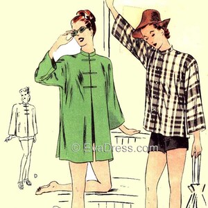 May include: A vintage illustration of four women wearing different styles of short-sleeved shirts. The shirts are all button-up and have a relaxed fit. The women are wearing shorts and sandals. The illustration is in black and white and has a retro feel.