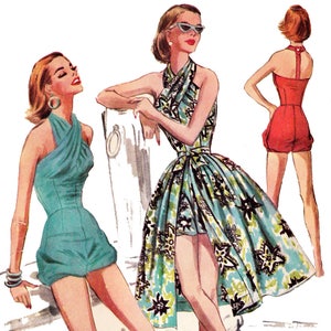 1956 Swim or Play Suit & Skirt DIGITAL PATTERN 38" to 42" bust by EvaDress