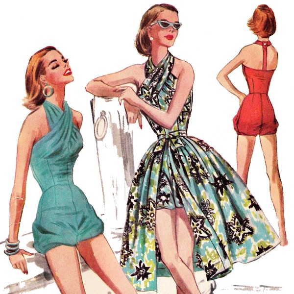 1956 Swim or Play Suit & Skirt DIGITAL PATTERN 38" to 42" bust by EvaDress