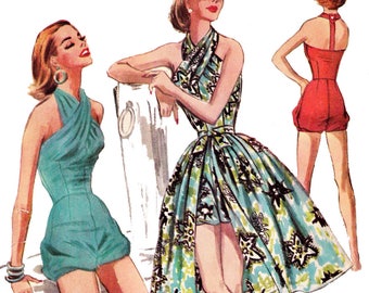 1956 Swim or Play Suit & Skirt DIGITAL PATTERN 38" to 42" bust by EvaDress