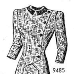 May include: Vintage sewing pattern for a dress with a fitted bodice and a full skirt. The pattern includes a diagram of the back of the dress. The pattern number is 9485.