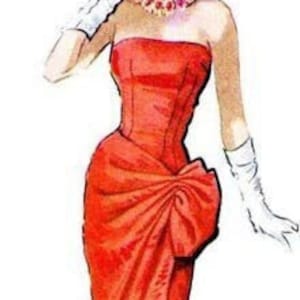 May include: A red strapless evening gown with a large bow at the waist. The gown is fitted and has a long, flowing skirt. The model is wearing white gloves and a necklace.