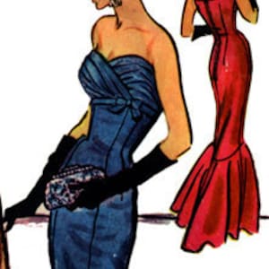 Puede incluir: Dos ilustraciones vintage de mujeres con vestidos de gala. La mujer de la izquierda lleva un vestido azul sin tirantes con un corpiño ajustado y una falda fluida. La mujer de la derecha lleva un vestido rojo sin tirantes con un corpiño ajustado y una falda fluida. Ambas mujeres llevan guantes y tienen el pelo recogido en un moño.