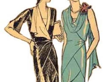 May include: Two women wearing long evening dresses. The woman on the left is wearing a black and gold dress with a draped neckline. The woman on the right is wearing a teal blue dress with a cowl neckline. Both dresses have a flowing, draped style.