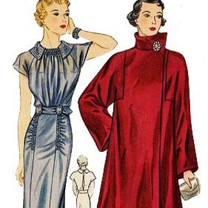 May include: Two vintage fashion illustrations of women wearing dresses. The woman on the left is wearing a light blue dress with a high neckline and a fitted skirt. The woman on the right is wearing a red coat over a white dress with a fitted skirt. Both women are wearing high heels.