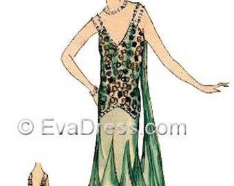May include: A vintage illustration of a woman wearing a green and brown patterned dress with a long, flowing train. The dress has a V-neckline and is adorned with sequins. The woman is wearing a pearl necklace and has her hair styled in a bob.