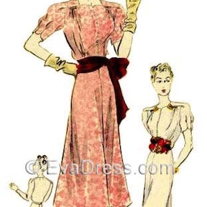 May include: A vintage illustration of three women wearing dresses. The woman on the left is wearing a white dress. The woman in the center is wearing a pink dress with a red belt and a wide-brimmed hat. The woman on the right is wearing a white dress with a red belt.