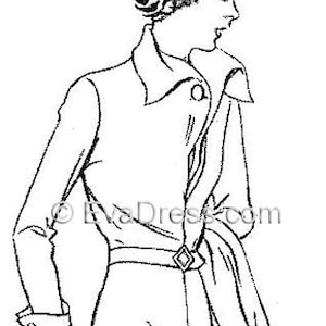 May include: A black and white line drawing of a woman wearing a long-sleeved collared shirt with a belt and a hat. The woman is standing with her right hand on her hip and her left arm bent at the elbow.