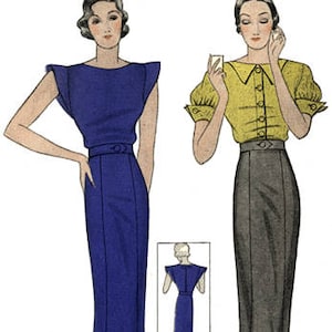 Puede incluir: Dos ilustraciones de moda vintage de mujeres con vestidos largos. La mujer de la izquierda lleva un vestido azul con un corpiño ajustado y una falda plisada. La mujer de la derecha lleva una blusa amarilla con un corpiño ajustado y una falda plisada. Ambas mujeres llevan el pelo corto y ondulado.