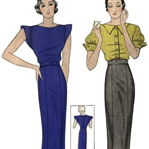 May include: Vintage fashion illustration featuring two elegant gowns. One is a long, navy blue dress with a pleated hem and a structured bodice. The other is a gray skirt paired with a yellow blouse with puffed sleeves. The image includes a smaller illustration of the navy blue dress.
