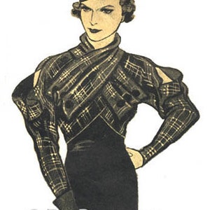 May include: Vintage fashion illustration of a woman in a black dress with a plaid top and matching hat. The top features long sleeves and shoulder cutouts. The image includes the text "EvaDress.com".