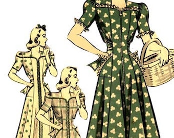 May include: Three vintage illustrations of women wearing dresses with different patterns. The dresses have a fitted bodice and a full skirt. The dresses are all in shades of green and white.