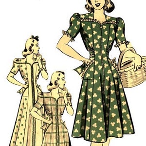Può includere: Tre illustrazioni vintage di donne che indossano abiti con diversi motivi. Gli abiti hanno un corpetto aderente e una gonna ampia. Gli abiti sono tutti in tonalità di verde e bianco.