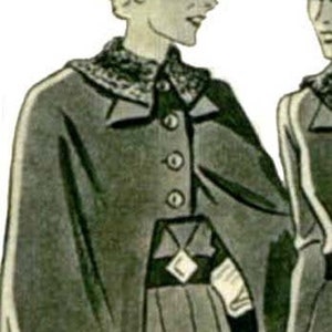 May include: A vintage illustration of two women wearing a long, dark green coat with a matching hat. The coat has a large collar and a belt. The women are standing side by side and are looking at each other.