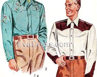 May include: Vintage illustration of Western-style shirts and attire. One figure wears a turquoise shirt with embroidery, a brown hat, and tan pants. Another figure wears a white shirt with brown accents and tan pants. A horse head and sprig are also shown.