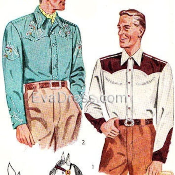 1949 Men's Western Shirts DIGITAL Pattern by EvaDress, 42" to 44" chest
