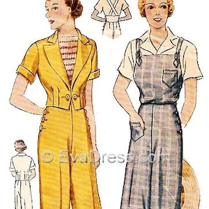 May include: Two vintage illustrations of women wearing different styles of wide-legged pants. The woman on the left is wearing a yellow pantsuit with a short-sleeved jacket. The woman on the right is wearing a plaid jumpsuit with a white shirt.