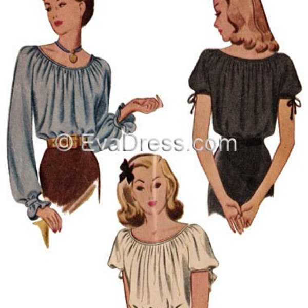 1943 Peasant Blouses 32" to 38" bust DIGITAL Pattern by EvaDress