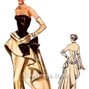 May include: A vintage illustration of a woman wearing a black and white evening gown with a large bow at the waist. The gown has a fitted bodice and a flowing skirt. The illustration is in a retro style.