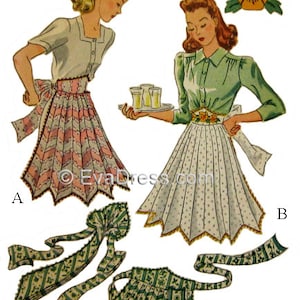 May include: Two vintage illustrations of women wearing aprons. The apron on the left is pink and white with a scalloped edge. The apron on the right is white with black polka dots and a scalloped edge. Both aprons have a bow at the waist. The illustration also includes a close-up of a green and white apron with a scalloped edge and a bow.