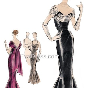 Puede incluir: Cuatro ilustraciones vintage de mujeres con diferentes estilos de vestidos de noche. Los vestidos son todos de largo hasta el suelo y tienen una variedad de escotes y adornos. Las mujeres están todas representadas en una pose de pie, con su cabello peinado de diferentes maneras.