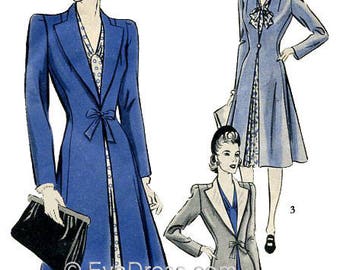 May include: Three vintage illustrations of women wearing different styles of blue and gray coats. The women are wearing hats and have their hair styled in a 1940s fashion. The illustrations are from a vintage sewing pattern.