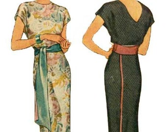 May include: Illustration of two vintage dresses. One is a floor-length gown with a floral pattern, a teal sash, and short sleeves. The other is a dark green dress with a V-neck, a red belt, and a pink stripe down the back.