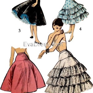 May include: Four different skirt styles, including a black skirt with lace trim, a blue polka dot skirt, a pink skirt, and a white skirt with lace trim.