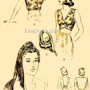 Puede incluir: Ilustración de moda vintage con varios diseños de ropa de mujer. Los bocetos incluyen un top de manga corta, un top cruzado, un pañuelo en la cabeza y un vestido con la espalda baja. Los diseños son de estilo retro clásico, con estampados florales.