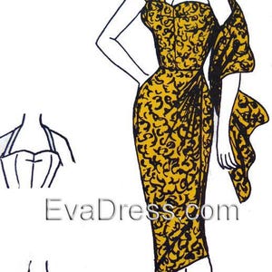 May include: A fashion illustration of a mustard yellow dress with a black swirling pattern. The dress features a fitted bodice, a draped skirt, and an attached wrap. The text EvaDress.com is visible. Two smaller sketches show alternative neckline options.