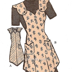 May include: A vintage sewing pattern for a dress with a floral print. The pattern includes two styles: a sleeveless dress with a V-neck and a dress with short sleeves and a V-neck. The pattern is labeled "A" and "B".