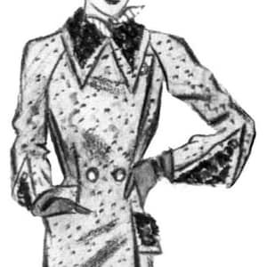 May include: A black and white line drawing of a woman wearing a patterned coat with a large collar and a hat. The woman is standing with her hands in her pockets. The drawing is on a white background. ©EvaDress.com
