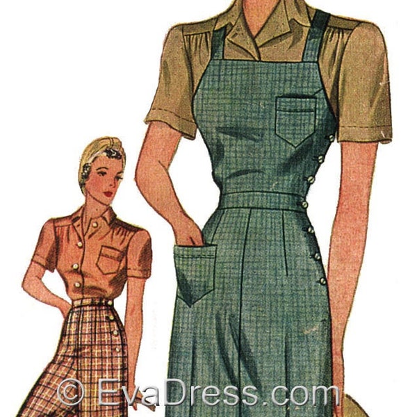 1940 Wide Leg Trousers and Overalls DIGITAL PATTERN set B (34" to 40" waist) by EvaDress
