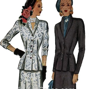 May include: Two women wearing vintage 1940s style suits. The woman on the left is wearing a white suit with a floral pattern and a black hat. The woman on the right is wearing a dark gray suit with a blue hat and veil. Both women are wearing gloves and have their hair styled in a similar fashion.