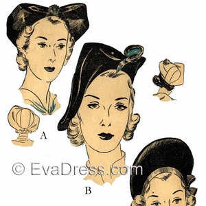 May include: A vintage illustration showing three different styles of women's hats. The hats are all black and feature a variety of shapes and embellishments. The illustration is labeled with the letters A, B, and C.