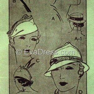 May include: A vintage illustration of different hat styles for women. The hats are drawn in black and white and feature various designs, including a wide-brimmed hat with a plaid pattern, a cloche hat with a bow, and a fedora with a band.