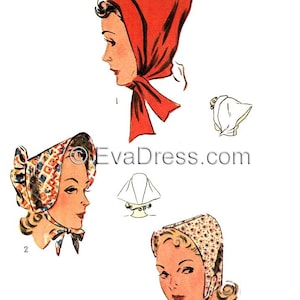 May include: Four different styles of vintage bonnet patterns. The bonnets are shown on women with different hairstyles. The bonnets are in red, white, blue, and yellow.