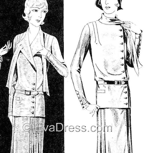 May include: A vintage illustration of two women wearing a black and white dress with a matching hat. The dress has a long skirt with pleats and a belt. The illustration is from a vintage sewing pattern.