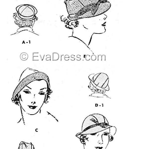 May include: Line drawings of vintage hats, including cloche and fedora styles. The illustrations showcase various hat designs with details like ribbons and textured patterns. The image includes the text "EvaDress.com".